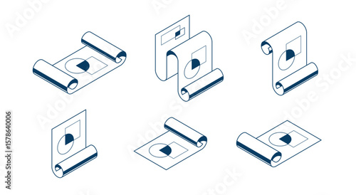 Engineering project concept set, paper document blueprint engineer work job vector 3D isometric illustration, abstract plan drawing, cad scheme icon.