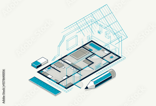 House floorplan drawing with pencil, residential home building blueprint, 3D isometric vector illustration, interior design project top view with roof, family house.