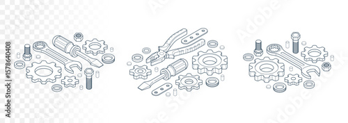 Repair and maintenance concept set, technics service, gears and tools in 3D isometric projection vector illustration, technical mechanical workshop.