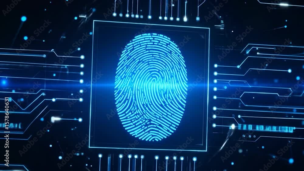 Neon blue fingerprint in a circuit board-like setting