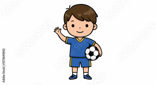 Cute Cartoon Boy Soccer Player Waving Hello with a Football