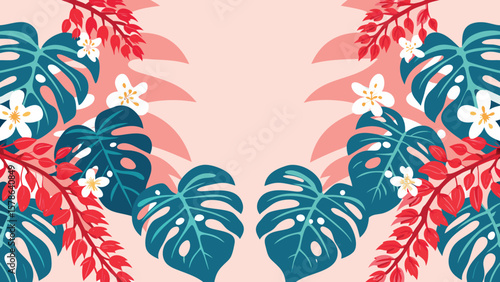 Illustration of tropical leaves and flowers arranged symmetrically on a pink background design space one hundred