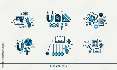 Physics vector detailed icons set, science and education theme, laboratory experiments, university and school.