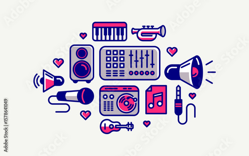Music and recording studio vector detailed icon, sound producing and audio engineering bundle, playing instruments.