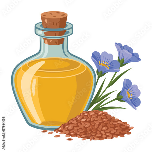 Bottle of golden flaxseed oil with flax flowers and seeds