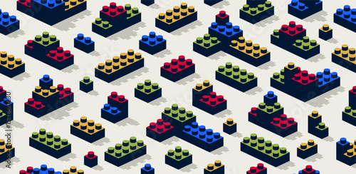 Toy constructor seamless pattern, isometric vector toy bricks tiling wallpaper, children game construction retro colored blocks endless pattern.