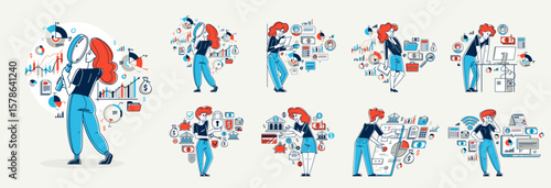 Business person analyzing and organizing financial deals vector outline illustration, entrepreneur company leader working on some commercial project.