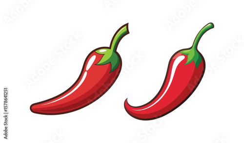 Two vibrant red chili peppers with green stems against a clean white background