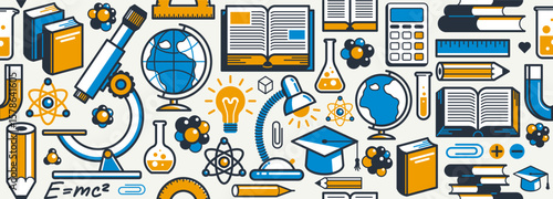 Education and study seamless background, vector endless wallpaper with physics and chemistry elements that can be used separately as an icon, school learning.