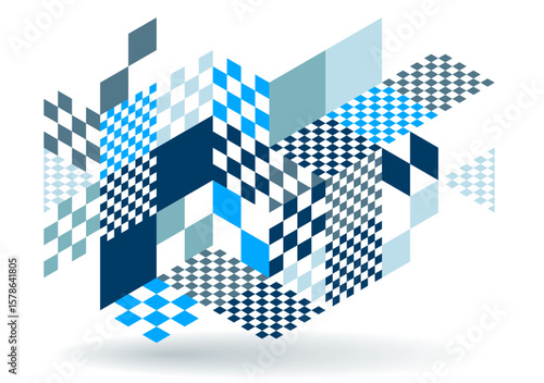 Abstract vector wallpaper with 3D isometric cubes blocks, geometric construction with blocks shapes and forms, op art low poly theme.