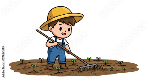 Happy Cartoon Farmer Tending to Young Plants with a Rake