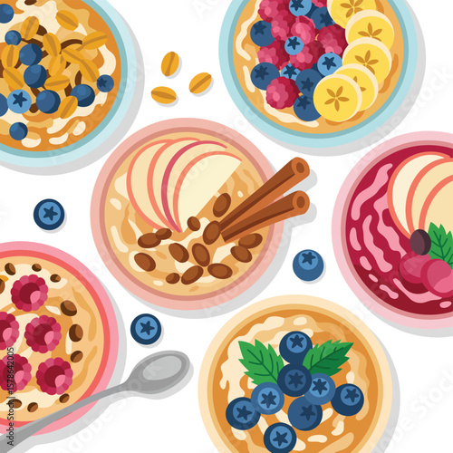 Overhead view of colorful bowls of oatmeal topped with fresh fruits and cinnamon