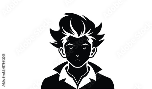 Stylized silhouette of a young man with spiky hair and a serious expression