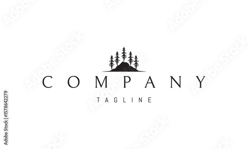 A vector logo featuring an abstract image mountains with pine trees growing along their slopes, combining rugged nature with geometric simplicity.
