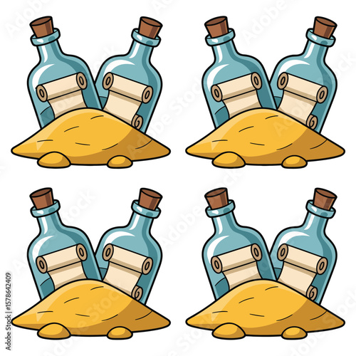 Seamless pattern of cartoon message in a bottle on a sand dune