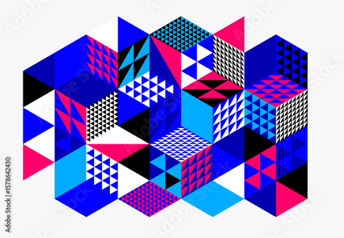 Abstract vector wallpaper with 3D isometric cubes blocks, geometric construction with blocks shapes and forms, cubic polygonal low poly theme.