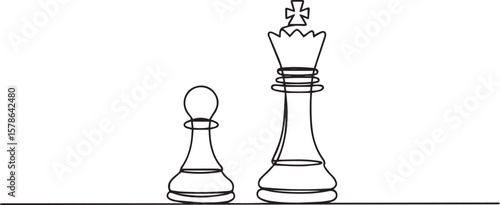  one line drawing of chess game with white pawn beside fallen black king on horizontal baseline