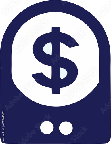 Stylized dark blue and white icon featuring a prominent dollar sign within a rounded rectangle with two white circles at the bottom
