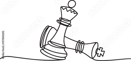  one line drawing of chess game with white pawn beside fallen black king on horizontal baseline