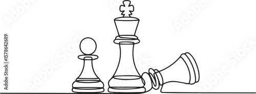  one line drawing of chess game with white pawn beside fallen black king on horizontal baseline