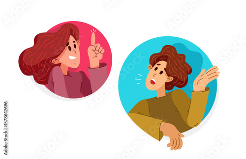 Two people talking online via some messenger with speech boxes, vector illustration of online video dialog, couple in speech bubbles.