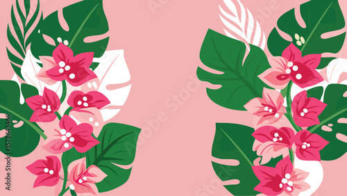 Pink background with green monstera leaves and pink bougainvillea flowers on both sides of the image