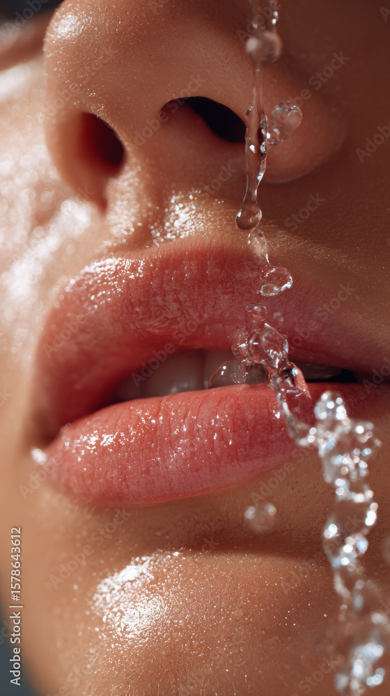 Fototapeta premium Moist lips with water droplets flowing down skin near nose, showing fresh and hydrated texture