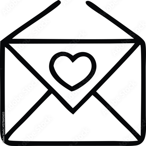 A simple black and white line drawing of an open envelope with a heart symbol on the flap representing love and communication