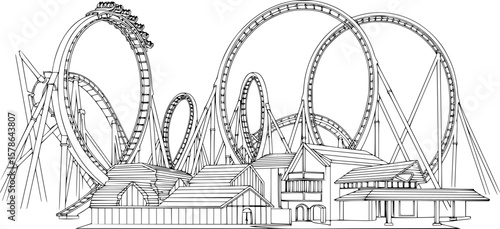 roller coaster with loops and turns, black and white, line art style, detailed illustration,