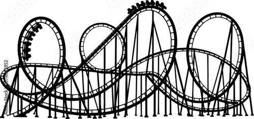 roller coaster with loops and turns, black and white, line art style, detailed illustration,