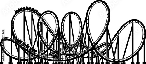 roller coaster with loops and turns, black and white, line art style, detailed illustration,