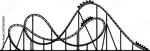 roller coaster with loops and turns, black and white, line art style, detailed illustration,