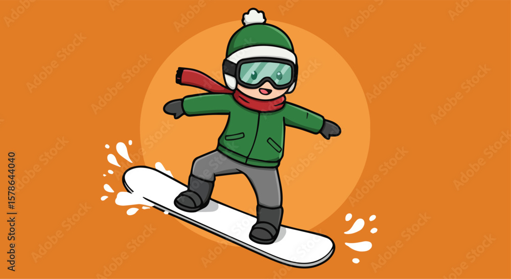 Obraz premium Chibi Kid Snowboarding Vector Illustration with Sunset Background 