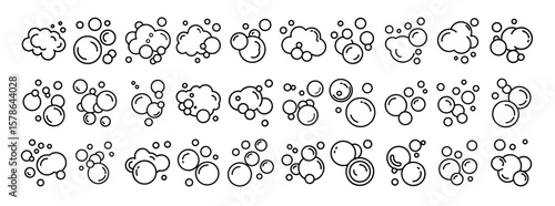 Bubble icon line set. Vector pictograms of soap bubbles, foam clusters, air spheres, cartoon bubbly shapes, cleaning and bath symbols, thin linear illustration.