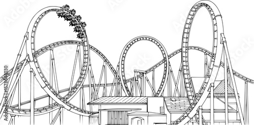 roller coaster with loops and turns, black and white, line art style, detailed illustration,