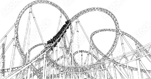roller coaster with loops and turns, black and white, line art style, detailed illustration,