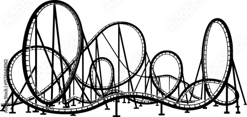roller coaster with loops and turns, black and white, line art style, detailed illustration,