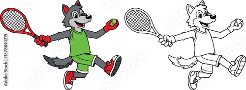 Illustrations of a cheerful wolf character playing tennis, one in color and one in black-and-white