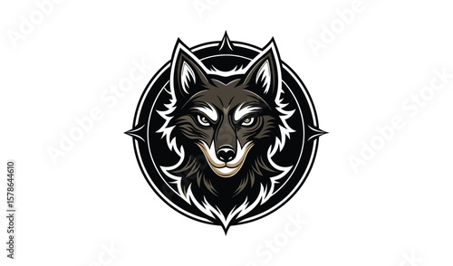 Fierce wolf head emblem with compass rose design on white background
