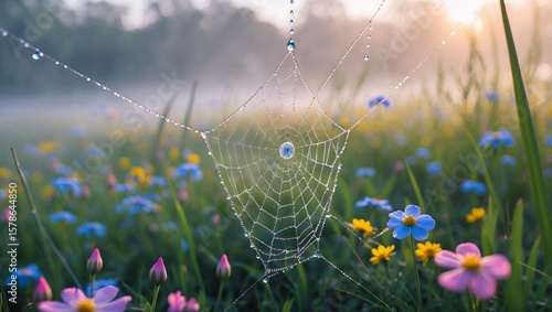 Spiderweb Covered in Dewdrops Among Field of Flowers in Morning Light
