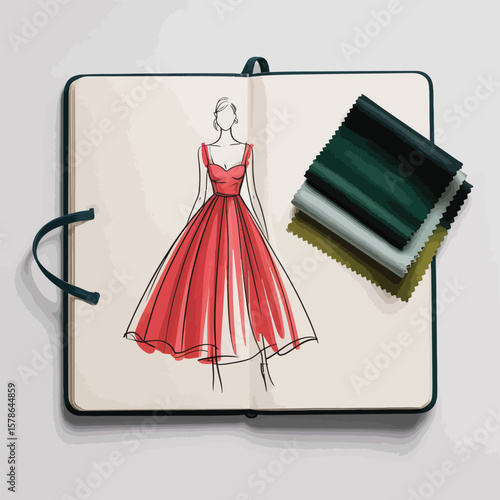 Open sketchbook displaying a fashion design sketch of a red dress alongside fabric swatches in dark green light green olive and gray shades