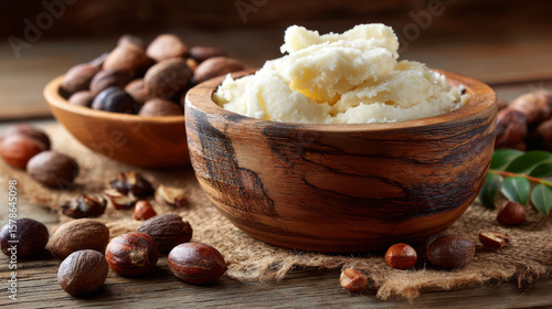 Shea butter wooden bowl natural product nut organic texture creamy shea nut raw close up brown rustic natural ingredient