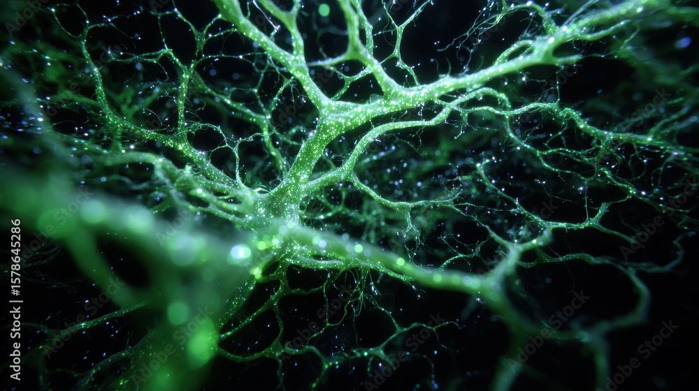 Fototapeta premium Phosphorescent bio luminescent mycelium network sequential growth texture sustainable material research, perfect for environmental presentation templates and innovation branding materials.