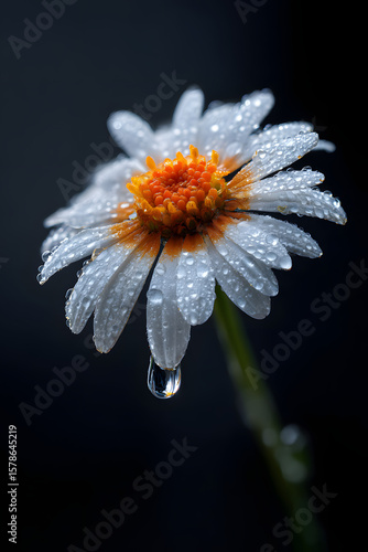 Daisy covered in fresh morning dew in a spring meadow