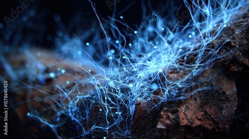 Sequential mycelium growth texture phosphorescent bio luminescent network pattern sustainable material research development concept, ideal for eco tech branding and science documentary graphics.