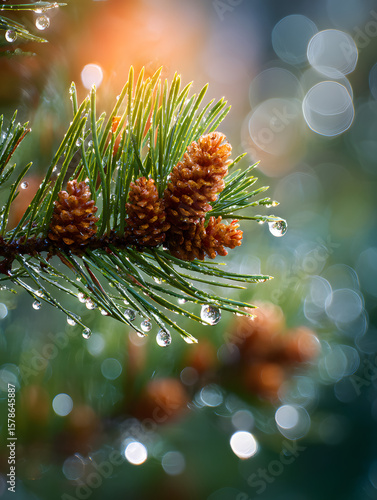 Christmas background featuring pine cones and tree branches in a natural winter setting