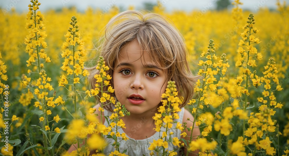 Realistic Child in Rapeseed Field Yellow Flowers Landscape Nature Portrait Realistic Child in Rapeseed Field Yellow Flowers Landscape Nature Portrait