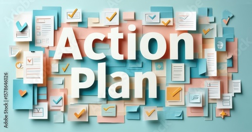 Colorful papers display text Action Plan. Checkmarks suggest completion, strategy, progress. Bright visuals promote organization, success.