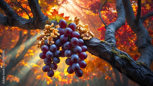Grapes and Walnuts on Branch with Autumn Leaves and Sunlight