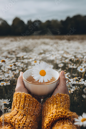 Chamomile spa still life with flowers tea and wellness elements